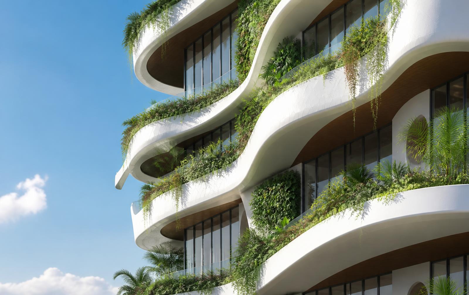 Arquitetura biofílica do Lagom Perequê, com formas fluidas e vegetação integrada às varandas