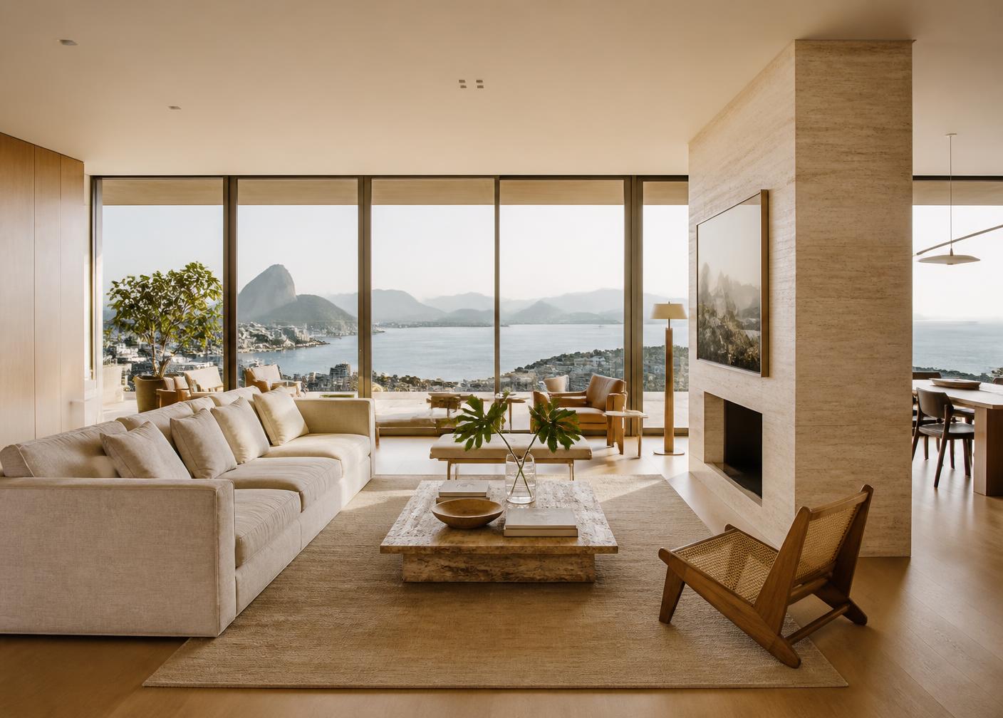 Interior de apartamento do Lagom Perequê com vista para o mar